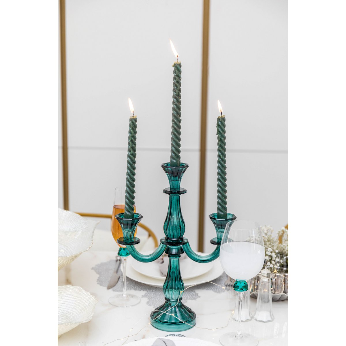 3 LICHTE TURQUOISE KANDELAARS H35CM