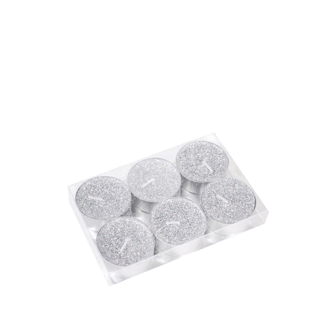 T-light zilveren glitterkaarsen set van 6