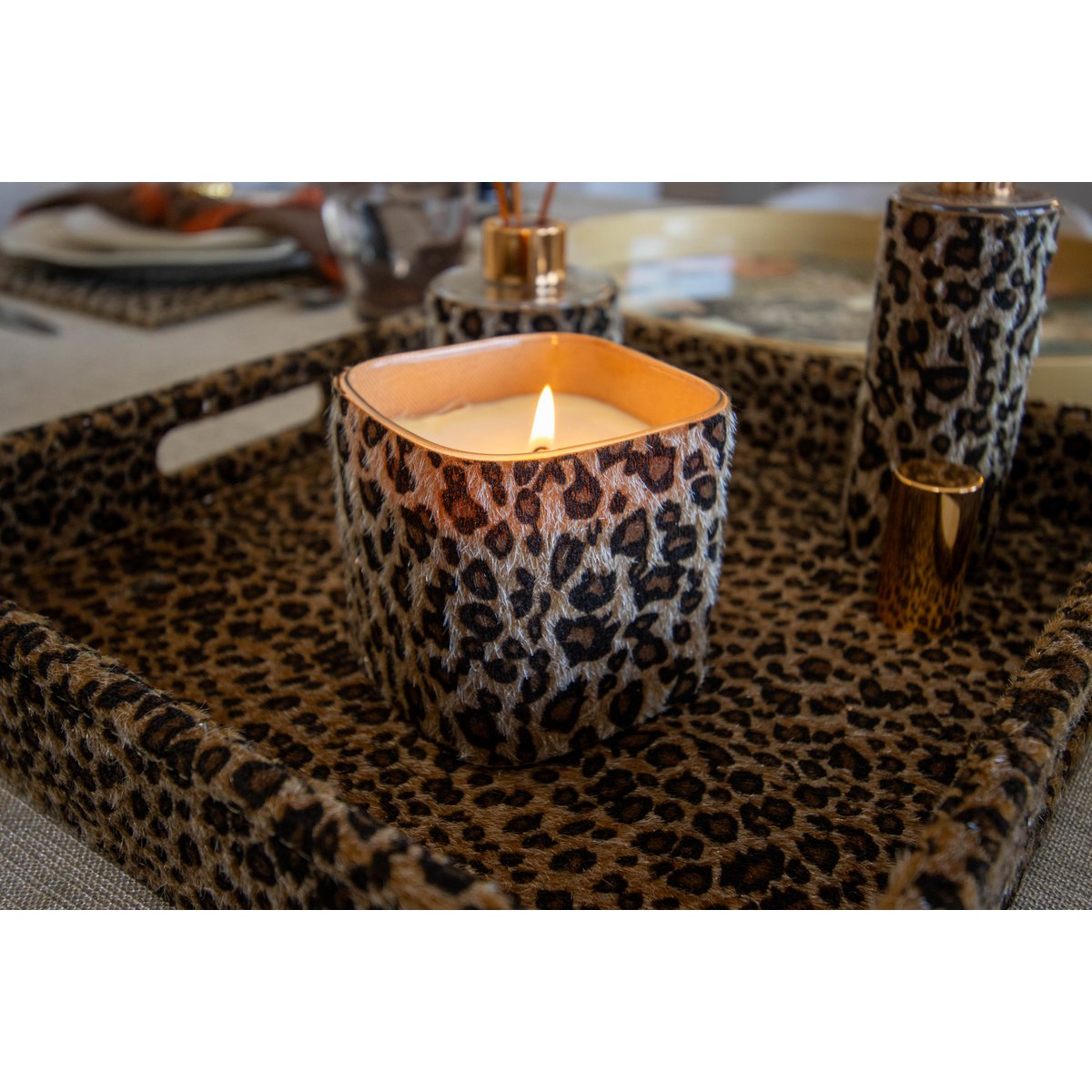 Leopard Glass Candle 8x8x8cm Brown