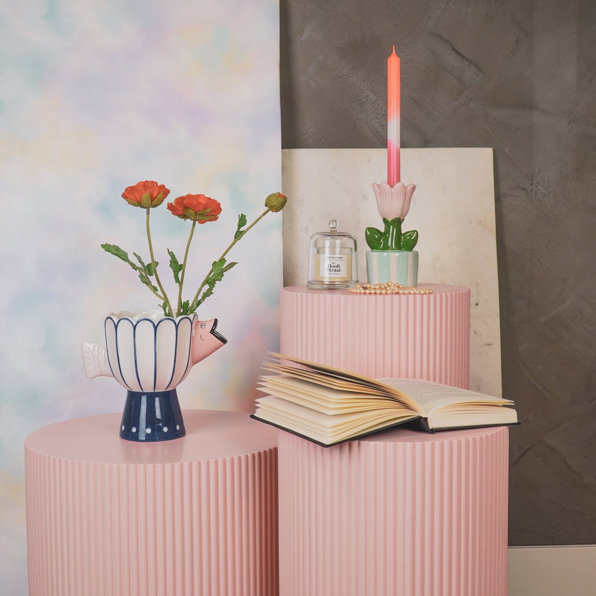 Vaas - visdolomiet - Blauw/Wit/Roze - 21x13,5x18cm Keramiek