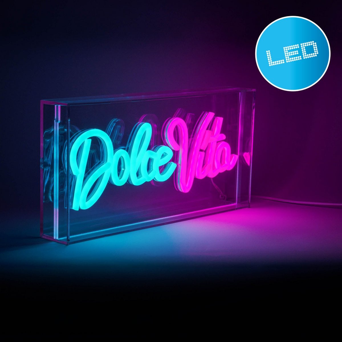 LED-lettertype licht "Dolce Vita" decoratie voor binnen 30 x 15 cm, in blauw en magenta-rood