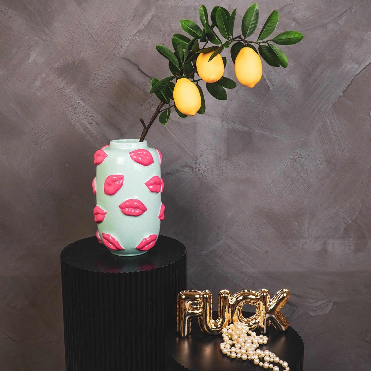 Kusjes Vaas - Keramiek - Mint/Roze - 17x17x27cm Housevitamin