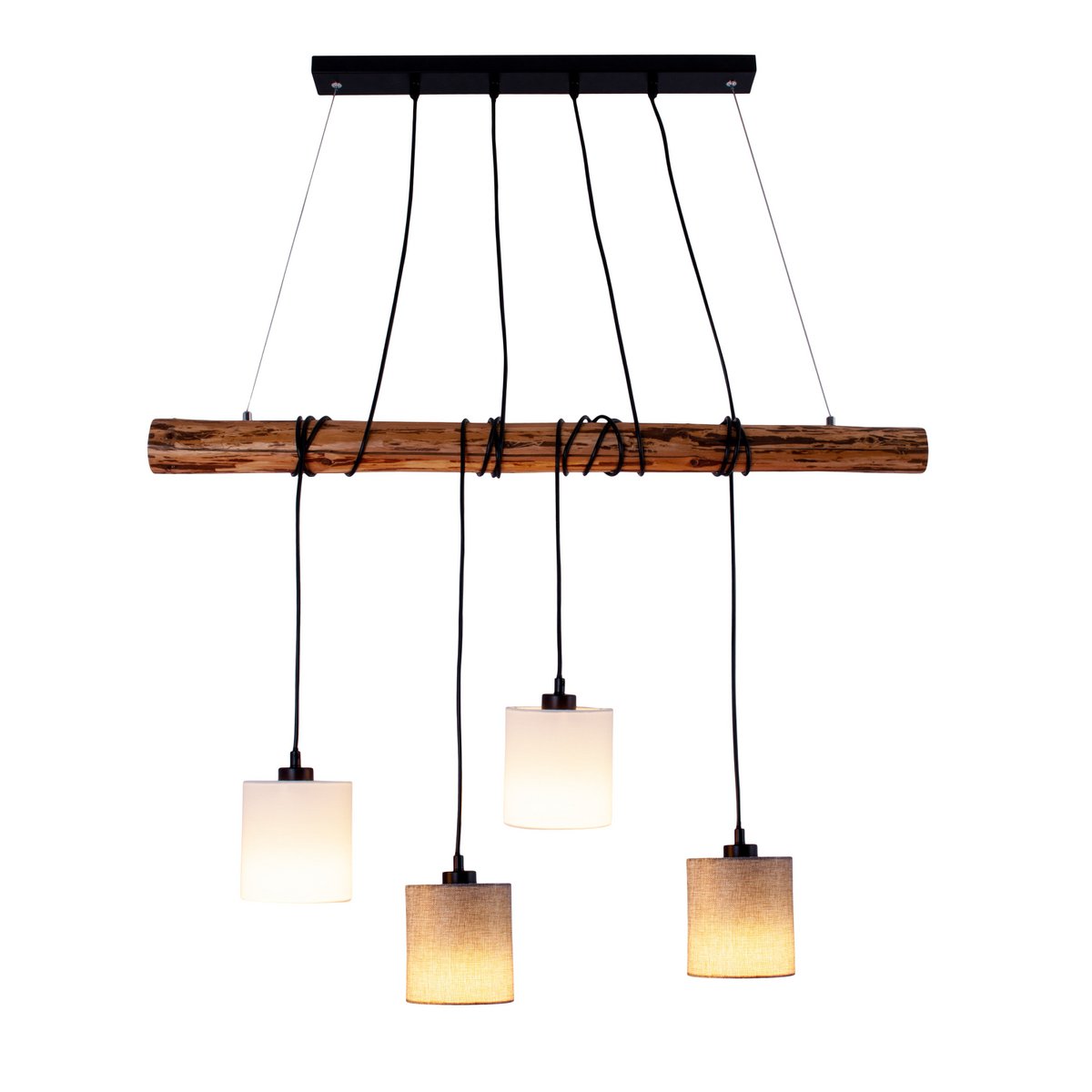 4 hanglamp "Malta" gemaakt van metaal en hout, met textielparaplu's in grijs en wit, E27 -aansluiting, verlichting voor woonkamer, kantoor of nachtkastje