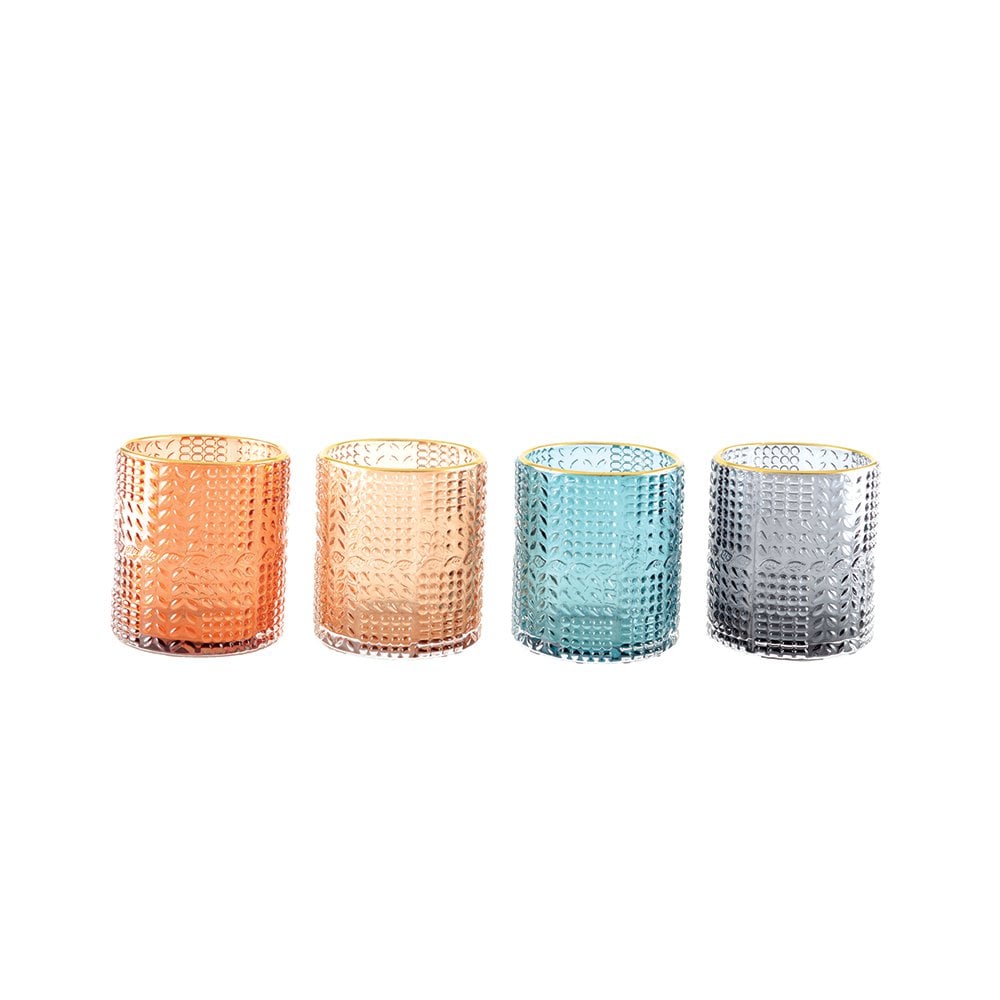 Glazen kandelaar set 4-kleuren gouden rand 8cm