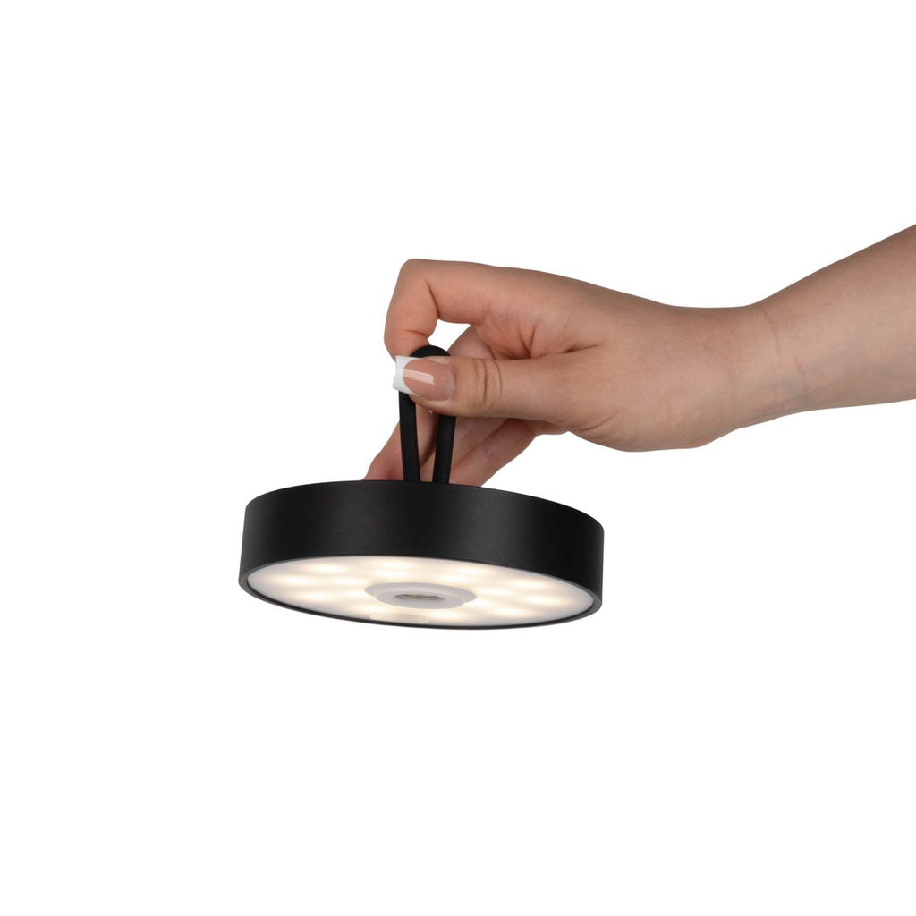 LED -batterijtafellamp magnetisch voor buiten en binnen, gemaakt van metaal en plastic in zwart, 36 cm hoog