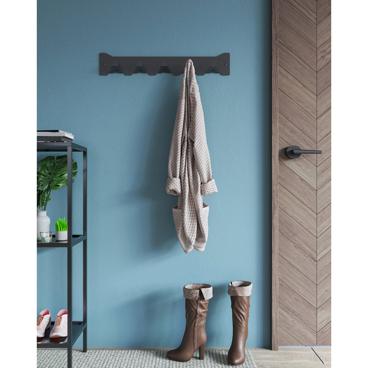 Gorillz Triangle Five wandkapstok - industrieel ontwerp, 5 haken, blauw