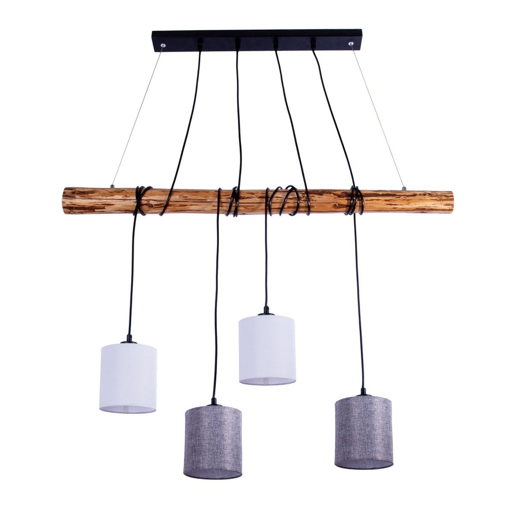 4 hanglamp "Malta" gemaakt van metaal en hout, met textielparaplu's in grijs en wit, E27 -aansluiting, verlichting voor woonkamer, kantoor of nachtkastje