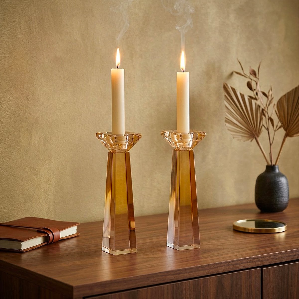 Amberkleurige kandelaars h20cm - set van 2