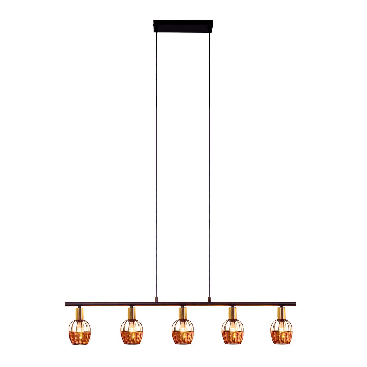 5 hanglamp "Corbis", echtelijke lamp gemaakt van zwart in zwart, met goud en rotan, met E14 -aansluiting, voor eetkamer, woonkamer, gang of kantoor, 100 cm lang