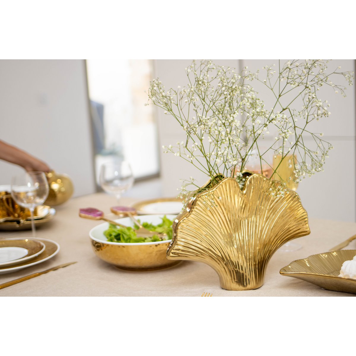 Aulica Ginkgo Keramische Vaas Goud 29.5x7.5x22cm
