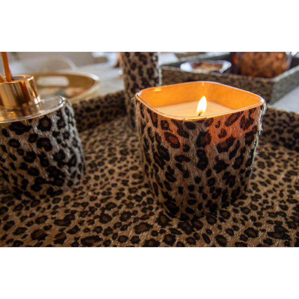 Leopard Glass Candle 8x8x8cm Brown