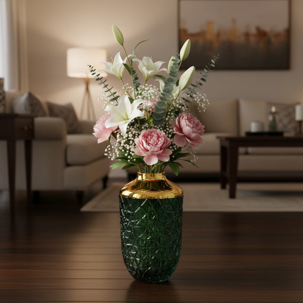 Groene vaas met gouden rand 16x29cm
