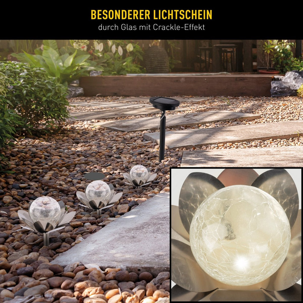 Solar-deco-earthspieß 3 set "lule" Ø ca. 10 cm, ca. 20 cm hoog, roestvrij staal, glas met een knettereffect