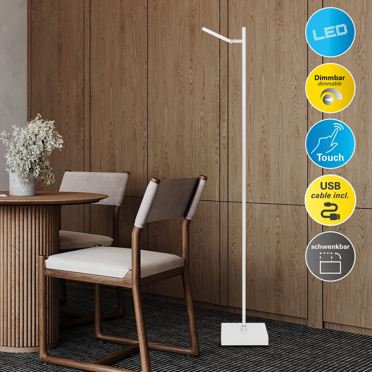 LED Draadloze lamp "Lupa", 135 cm hoog, aluminium wit en plastic, geïntegreerde LED's, 2400 lm, dimable, CCT-functie, 3000-6500 K, RGB-lichtwisselaar