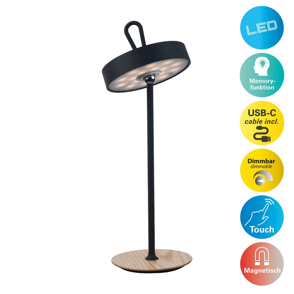 LED -batterijtafellamp magnetisch voor buiten en binnen, gemaakt van metaal en plastic in zwart, 36 cm hoog
