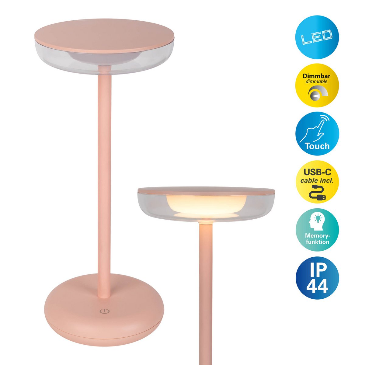 Noteloze tabletlicht "PASI" voor buiten en binnen, gemaakt van metaal en plastic in roze, dimbaar, met aanraking en geheugenfunctie, ca. 26 cm hoog