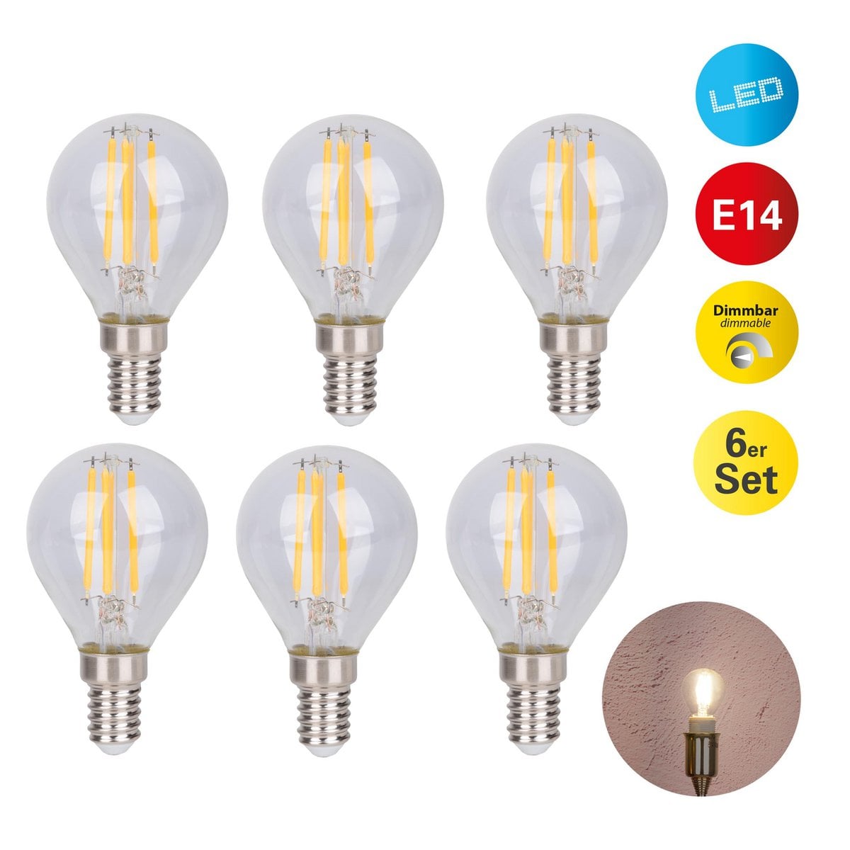 Näve LED-Filamentlamp E14 4W 6-set Helder