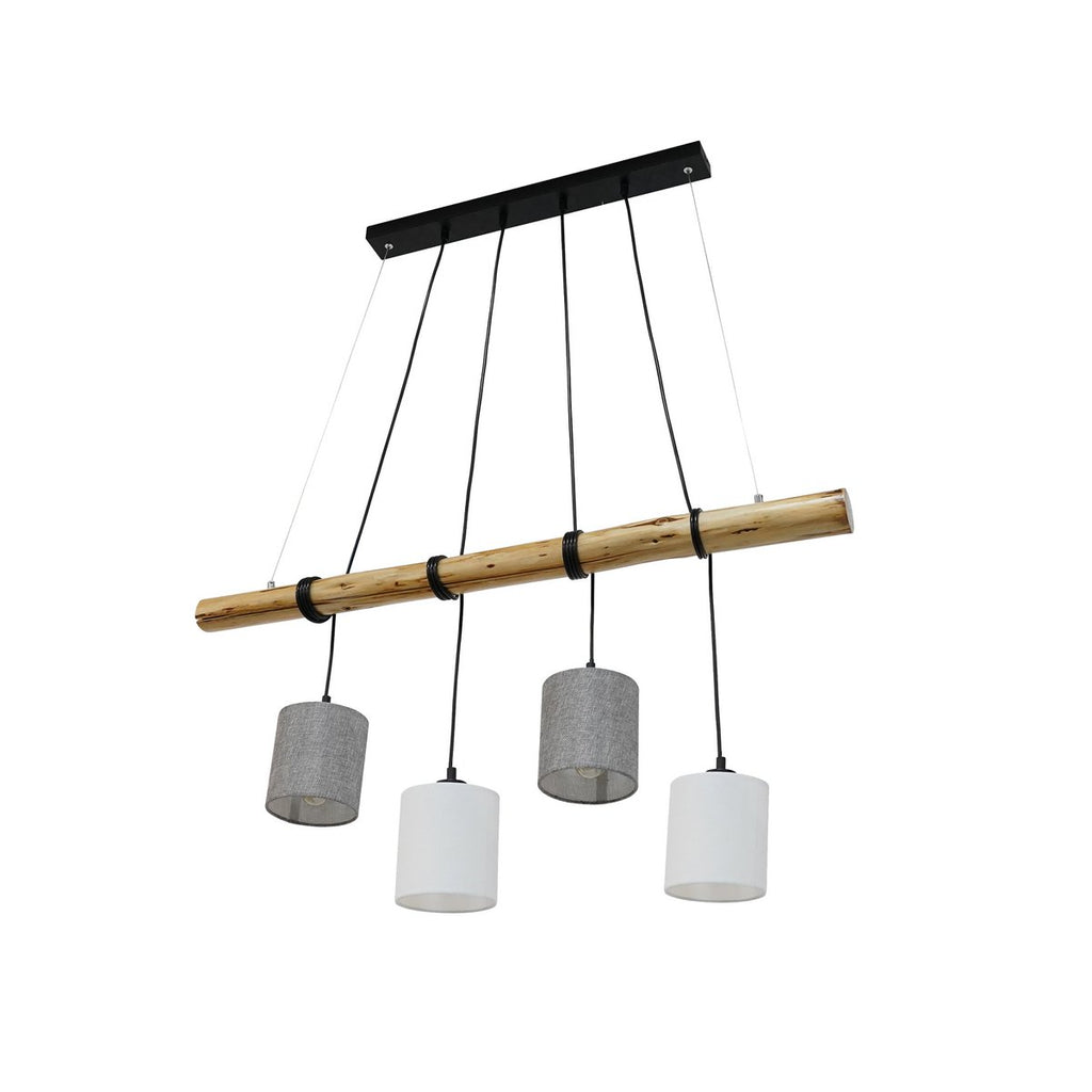 4 hanglamp "Malta" gemaakt van metaal en hout, met textielparaplu's in grijs en wit, E27 -aansluiting, verlichting voor woonkamer, kantoor of nachtkastje