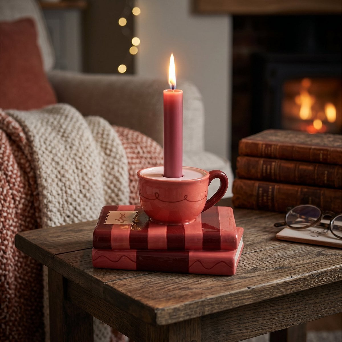 Housevitamin Kaarshouder Kopje op Boeken - Rood/Roze - Dolomiet