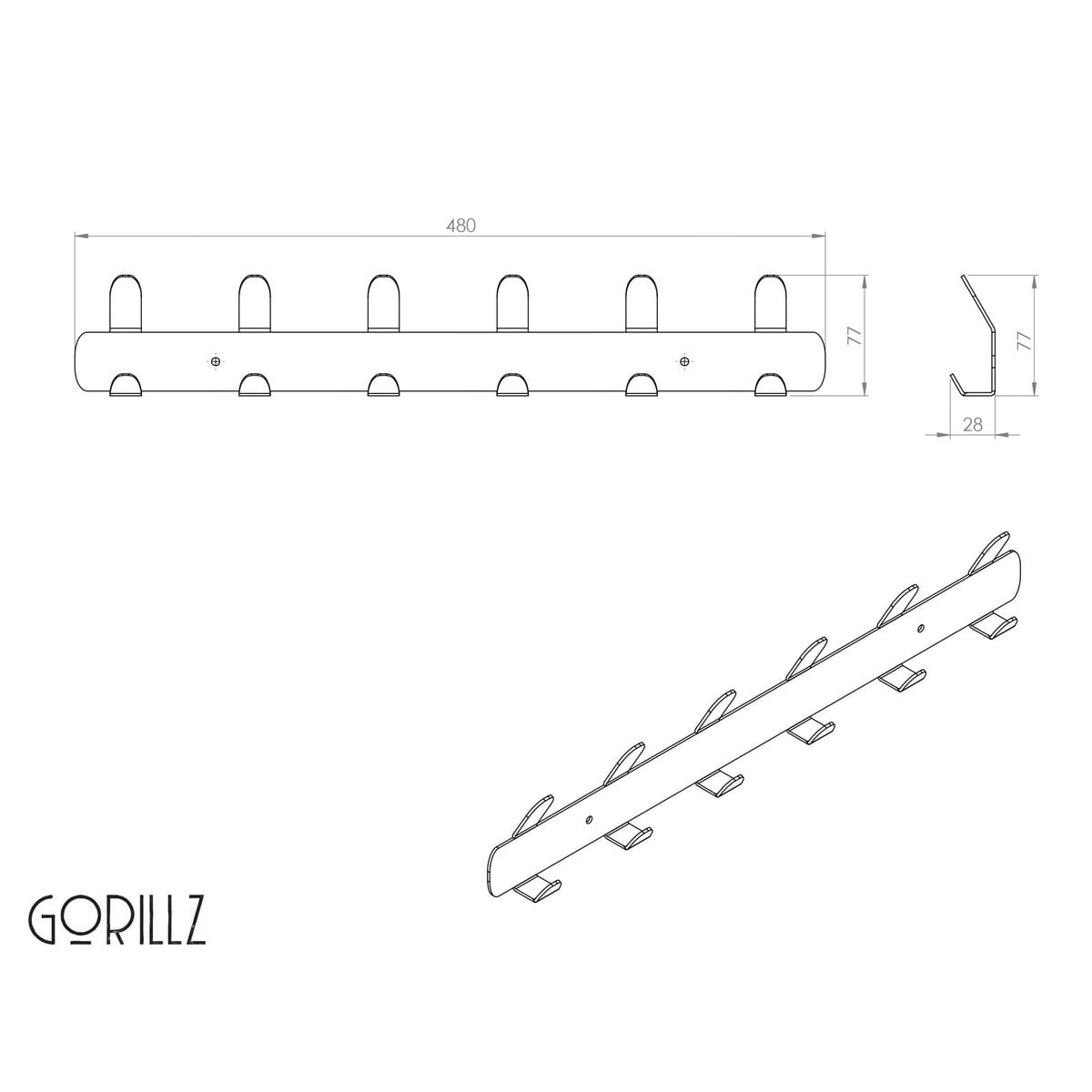 Gorillz Zwarte Wandkapstok - 48cm met 12 Haken