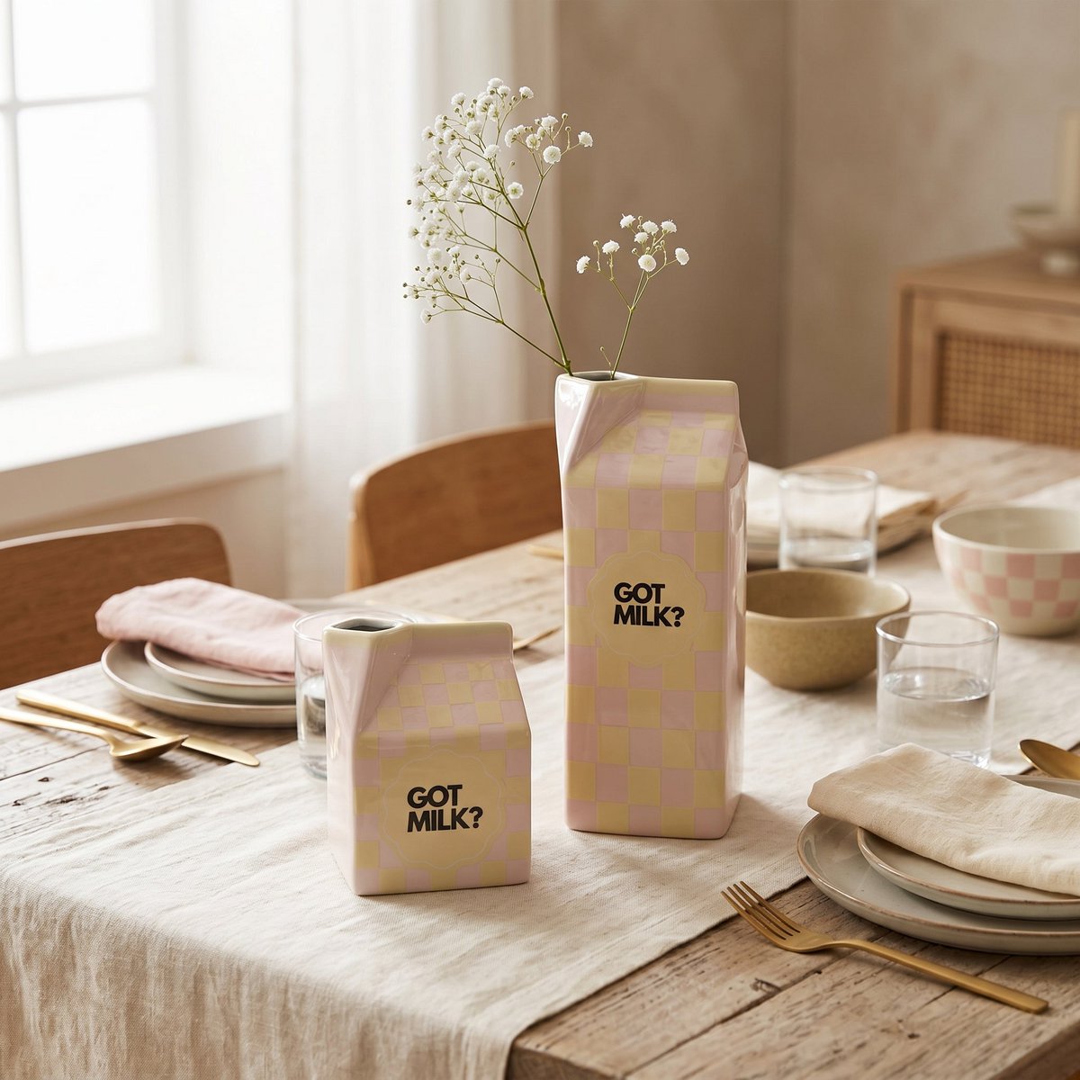 Housevitamin Bloemenvaas Got Milk Melkpak - Roze/Geel 13,5cm