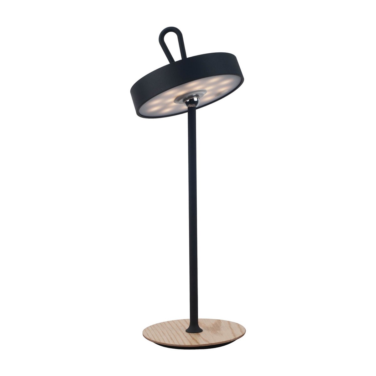 LED -batterijtafellamp magnetisch voor buiten en binnen, gemaakt van metaal en plastic in zwart, 36 cm hoog