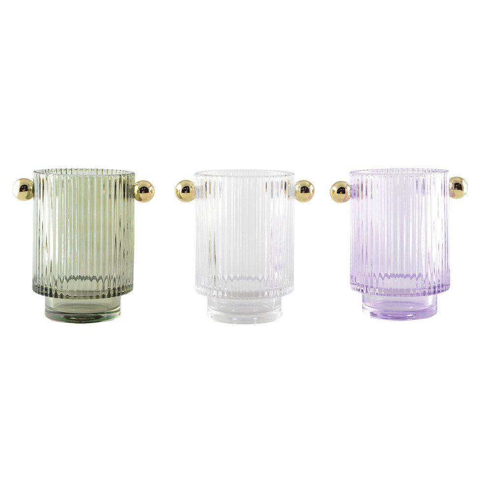 Set van 3 glazen kandelaars - 8,8x12,5x13cm - wit/paars/groen