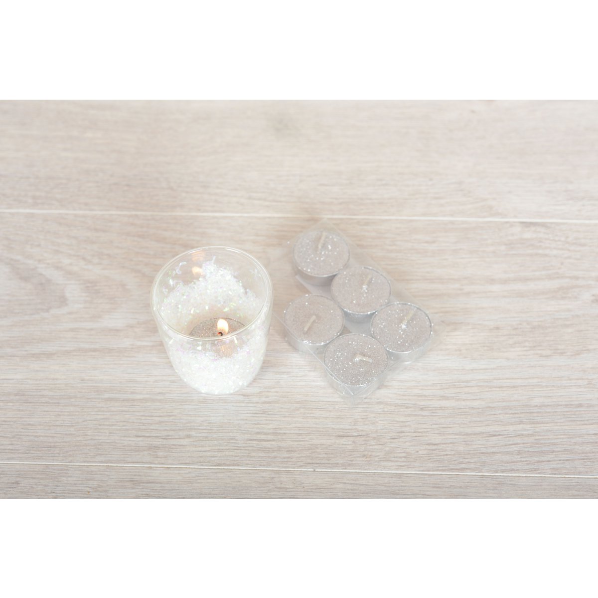 T-light zilveren glitterkaarsen set van 6