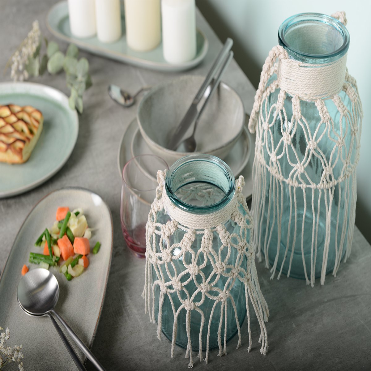 Macrame groen glazen vaas H.16,5 cm - Aulica