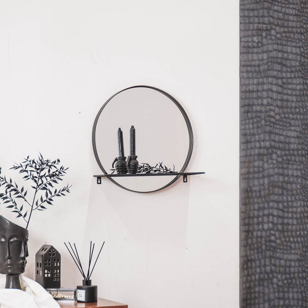 Spiegel - Rond - Metalen - Plank - Zwart - Ø40cm