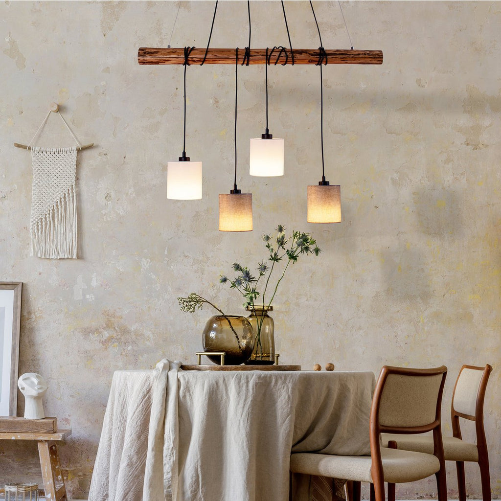4 hanglamp "Malta" gemaakt van metaal en hout, met textielparaplu's in grijs en wit, E27 -aansluiting, verlichting voor woonkamer, kantoor of nachtkastje