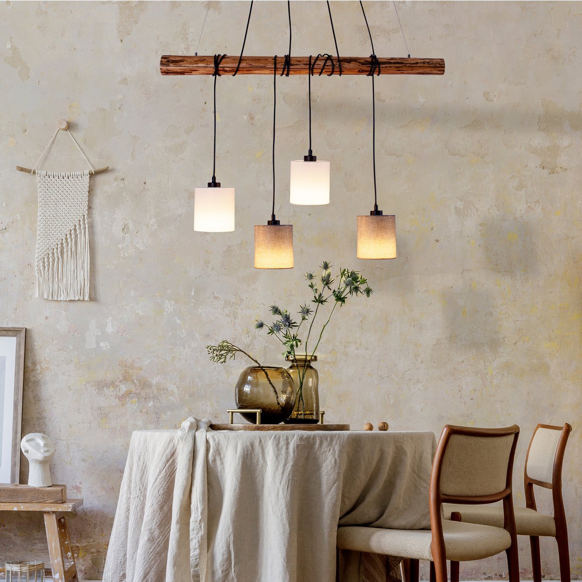4 hanglamp "Malta" gemaakt van metaal en hout, met textielparaplu's in grijs en wit, E27 -aansluiting, verlichting voor woonkamer, kantoor of nachtkastje