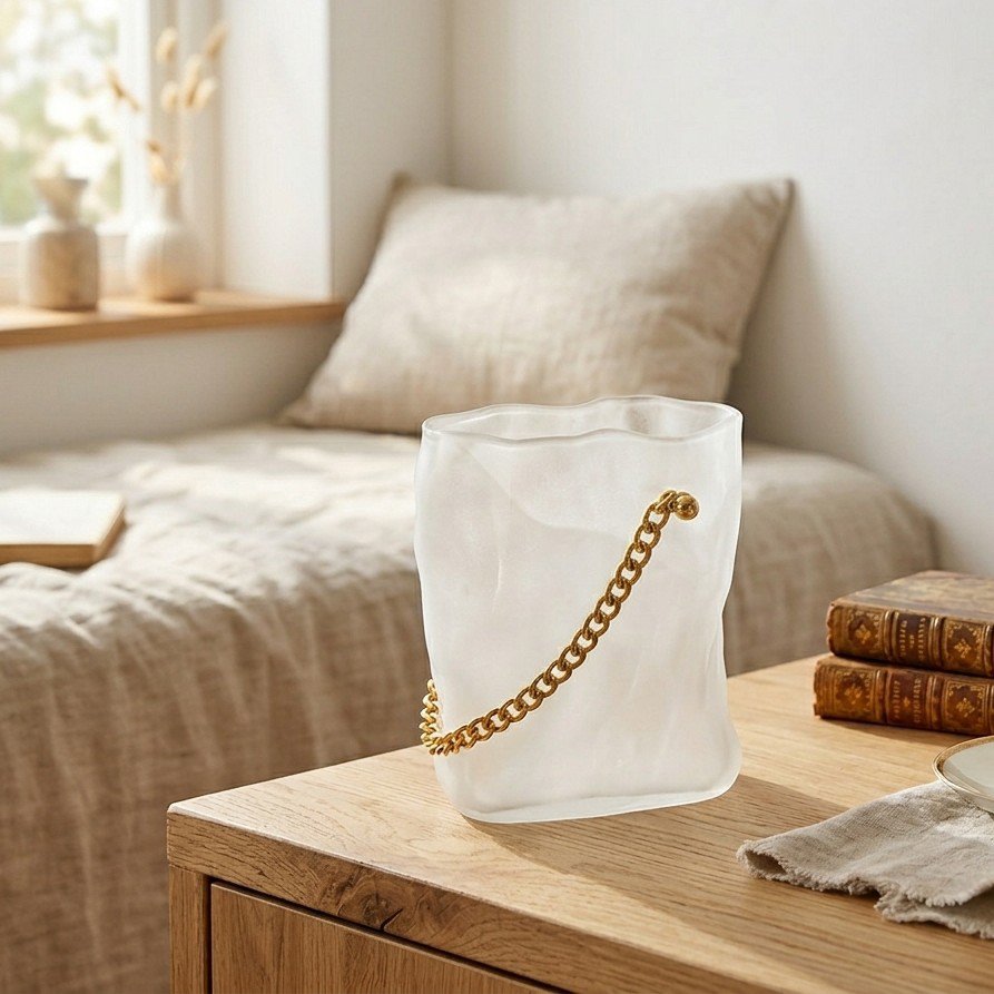 Transparante glazen zakvaas wit/goud, 20x12x24cm
