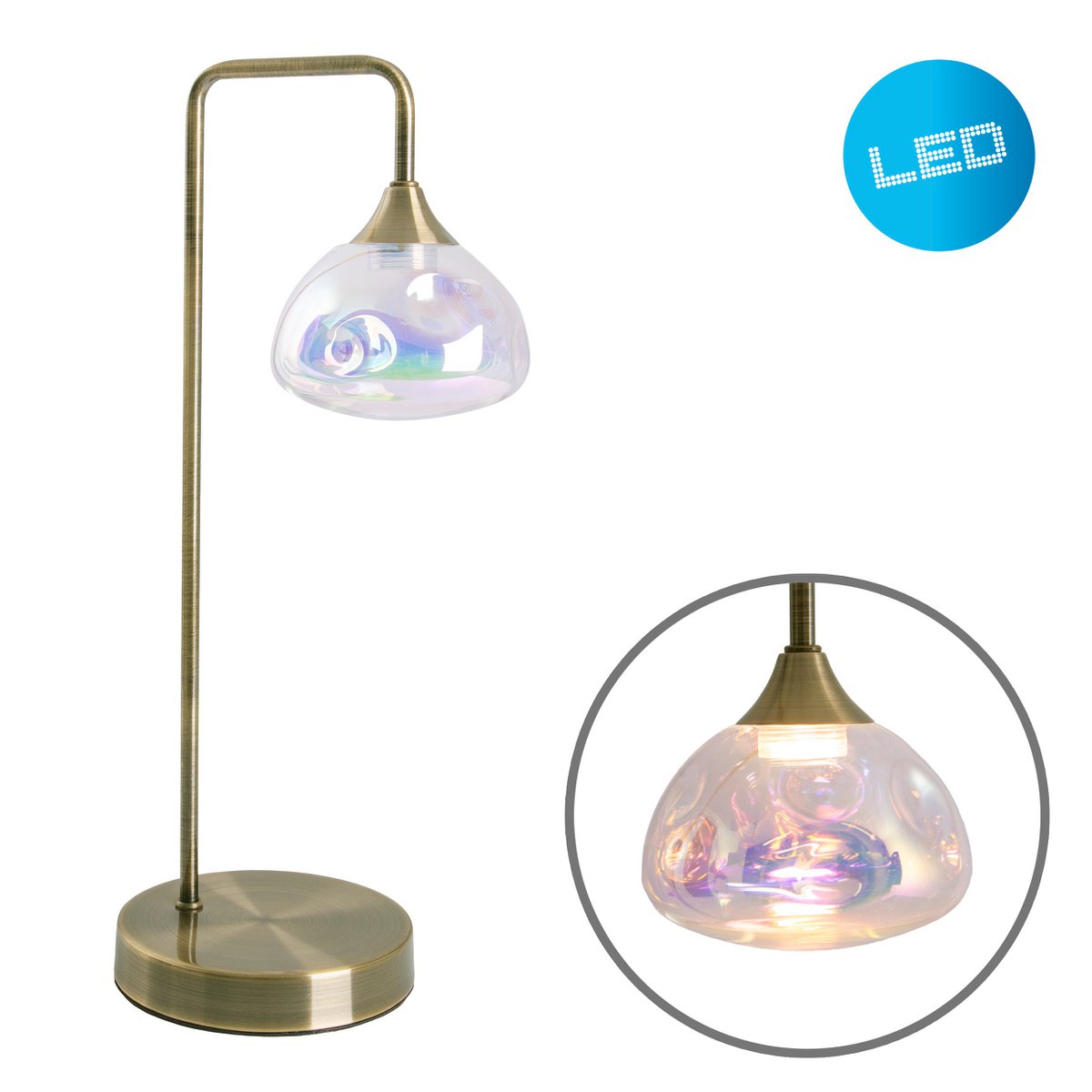 LED -tafellamp "Varna", tafellamp gemaakt van messing -gekleurd metaal en iriserend glas, stevig ingebouwd -in LED's, 45 cm hoog, stijlvolle verlichting voor woonkamer, eetkamer of gang