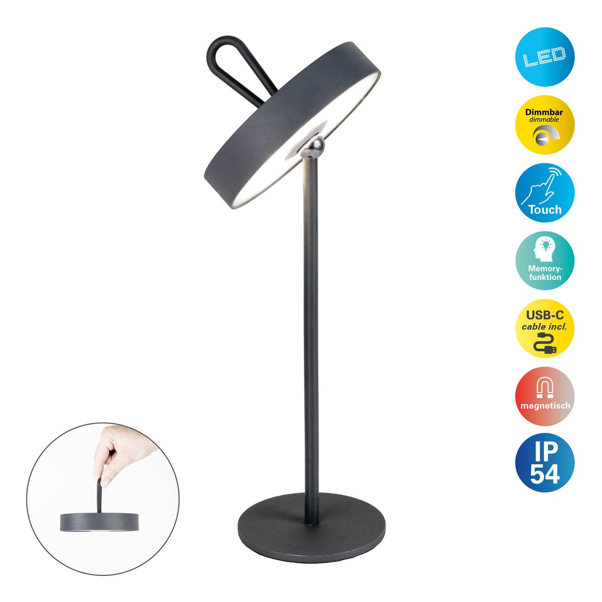LED -batterijtafellamp magnetisch "ella" voor buiten en binnen, gemaakt van metaal en plastic in grijs, 35 cm hoog