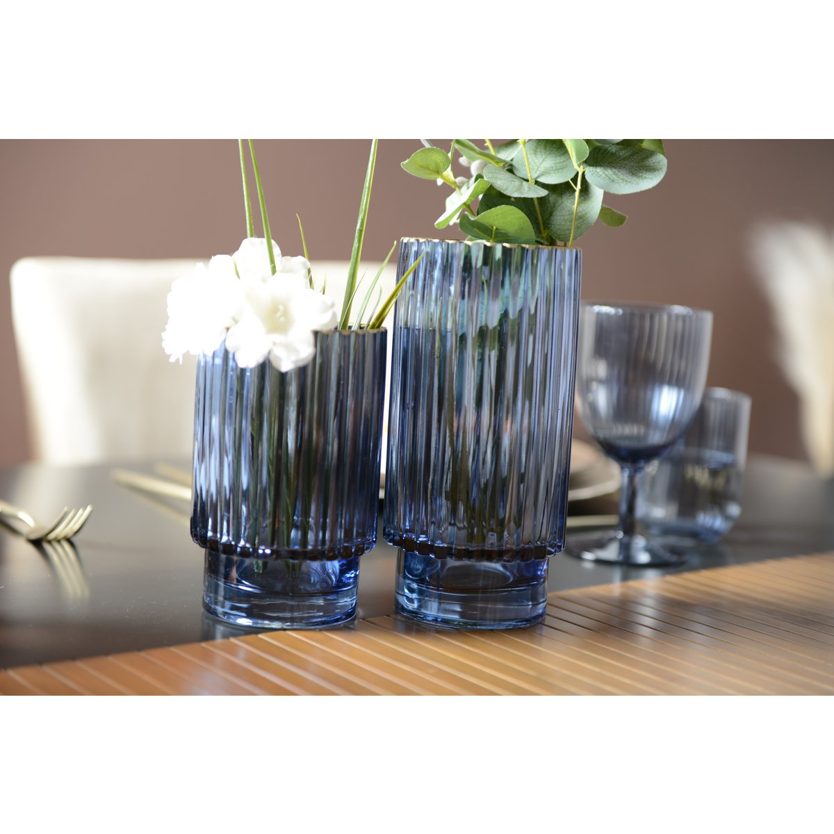 Ronde blauwe vaas Gilded Edge, 15 cm hoog, gouden rand
