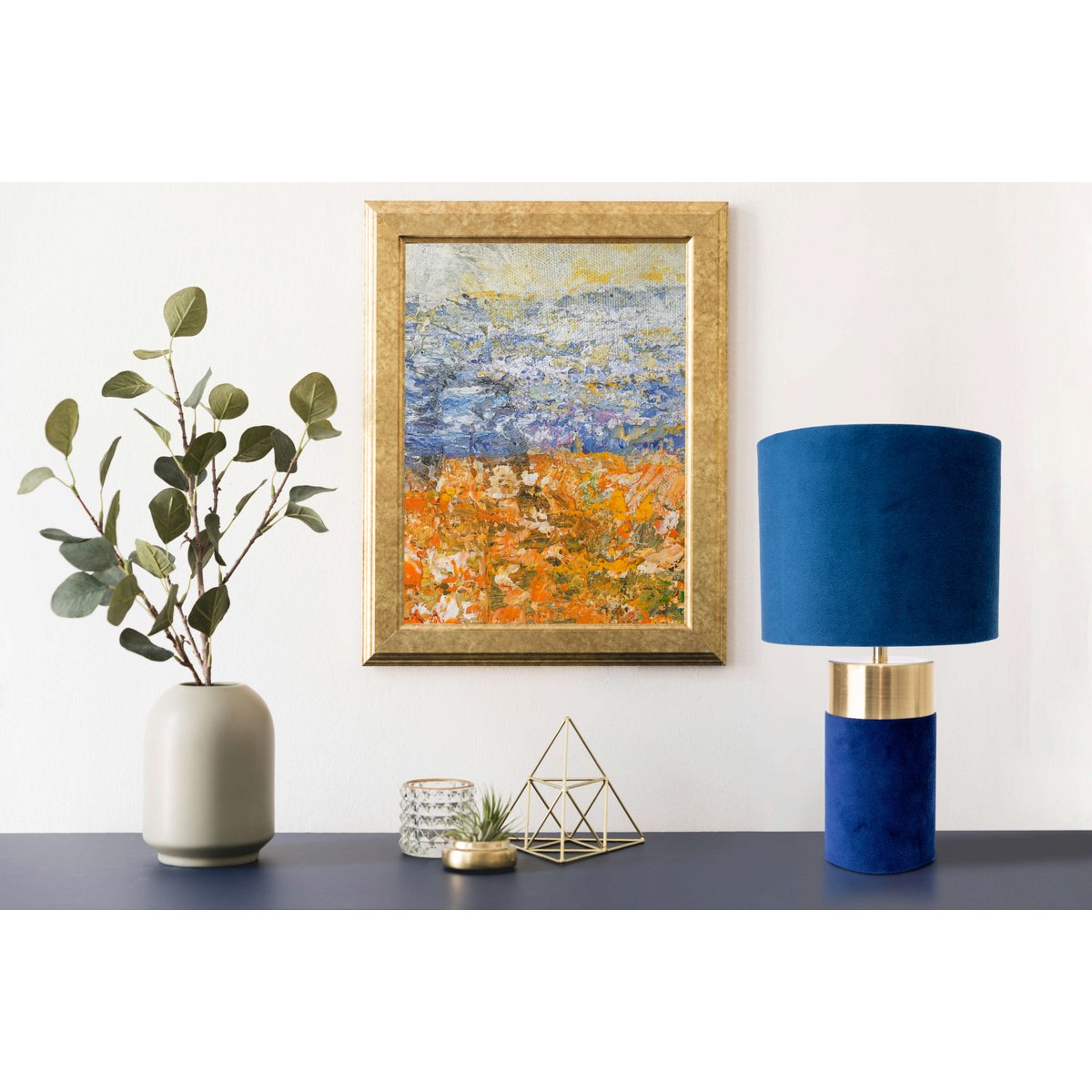 Tafellamp "bordo" 32 cm hoog gemaakt van metaal en velours in goud en blauw, met E14 -versie, lamp voor eetkamer, woonkamer, gang of kantoor