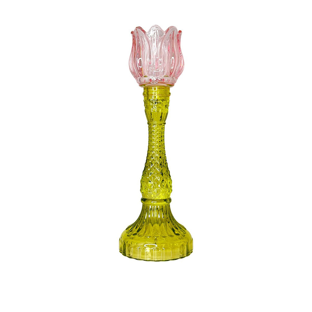 Lichtroze en groene Capri kaarsenhouder 29cm - AULICA