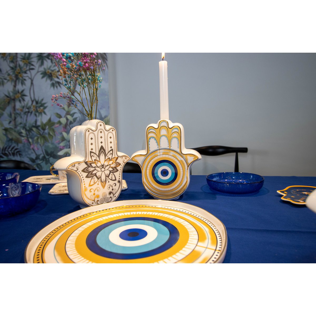 Handvaas wit-goud-blauw 17,5x6,2x20cm Keramiek