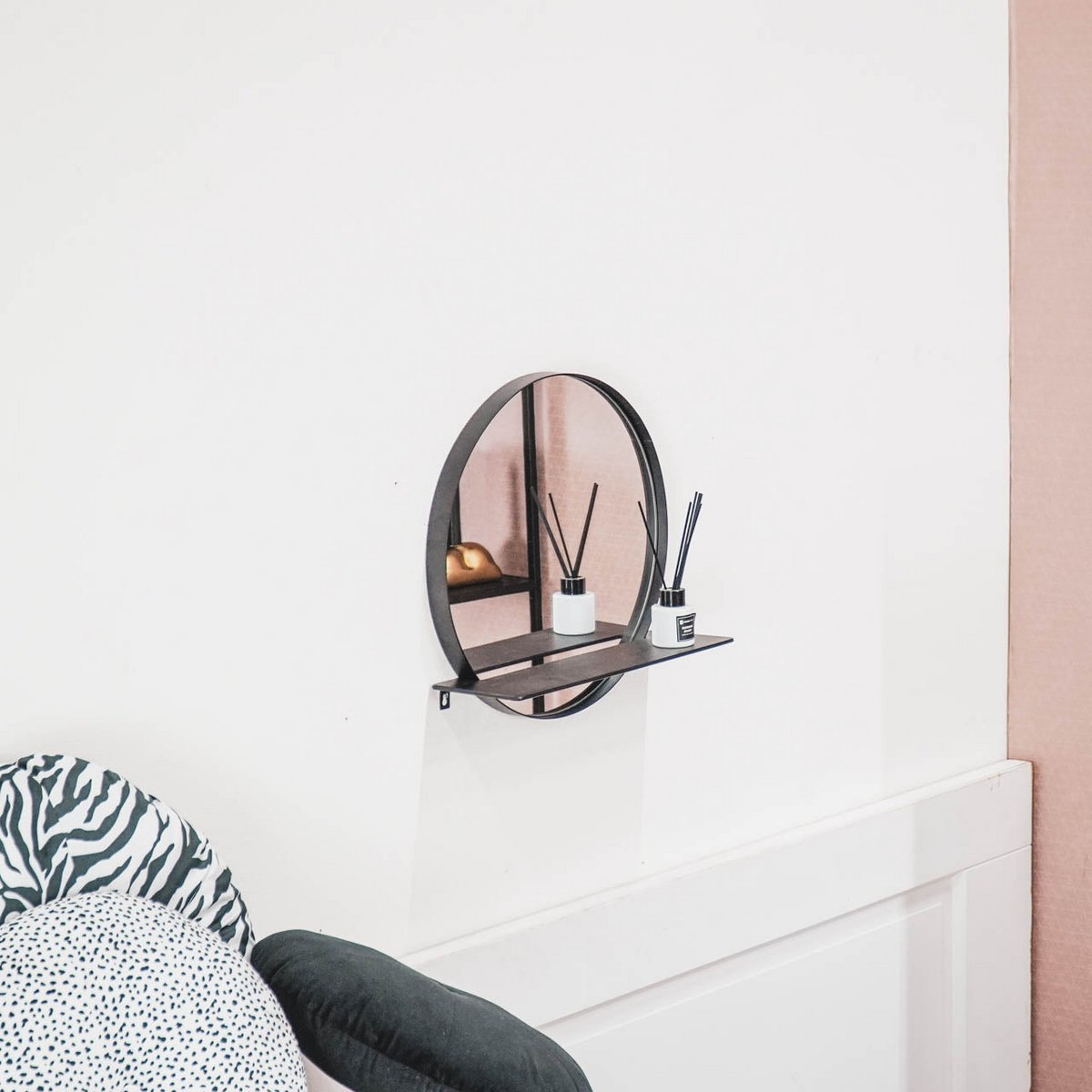 Spiegel - Rond - Metalen - Plank - Zwart - Ø40cm