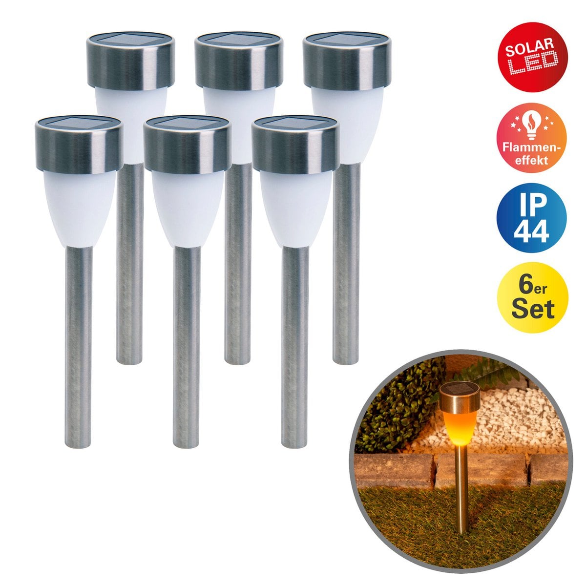 6 Set LED LED Solar Outer Light met aarde spies gemaakt van roestvrijstalen gekleurd metaal en plastic, met geïntegreerde LED