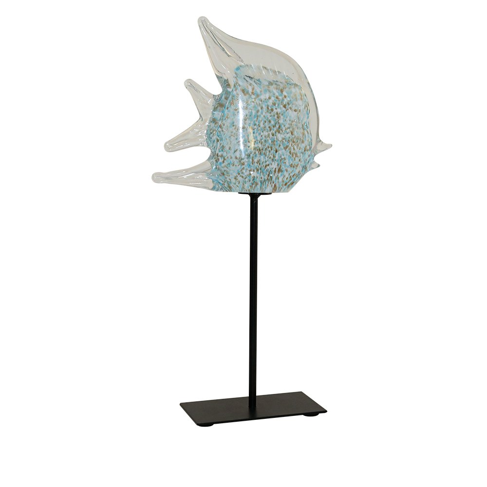 Decoratief blauwe glazen vis op metalen voet