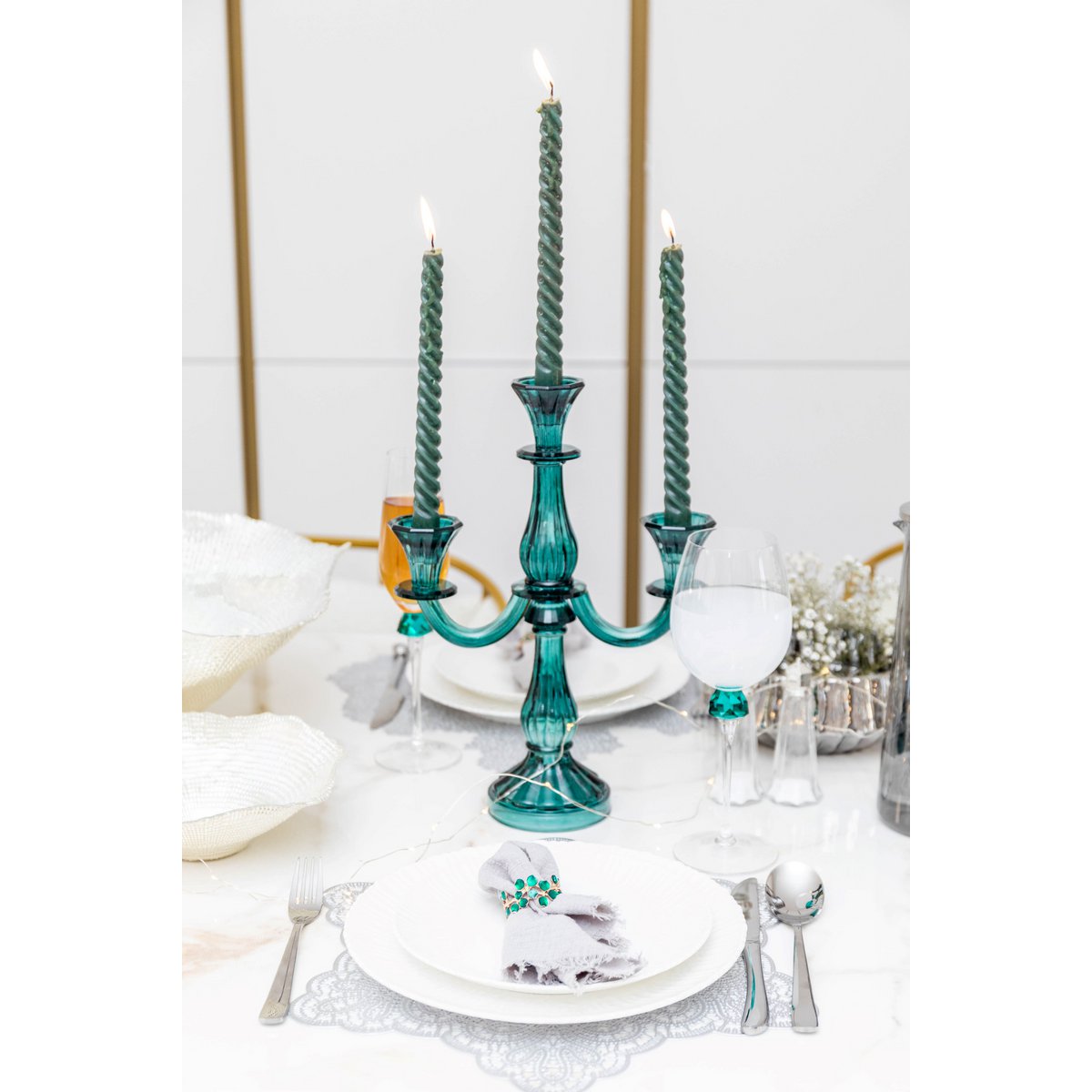 3 LICHTE TURQUOISE KANDELAARS H35CM