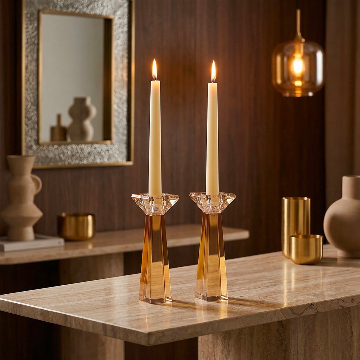 Amberkleurige kandelaars h16cm set 2 - AULICA