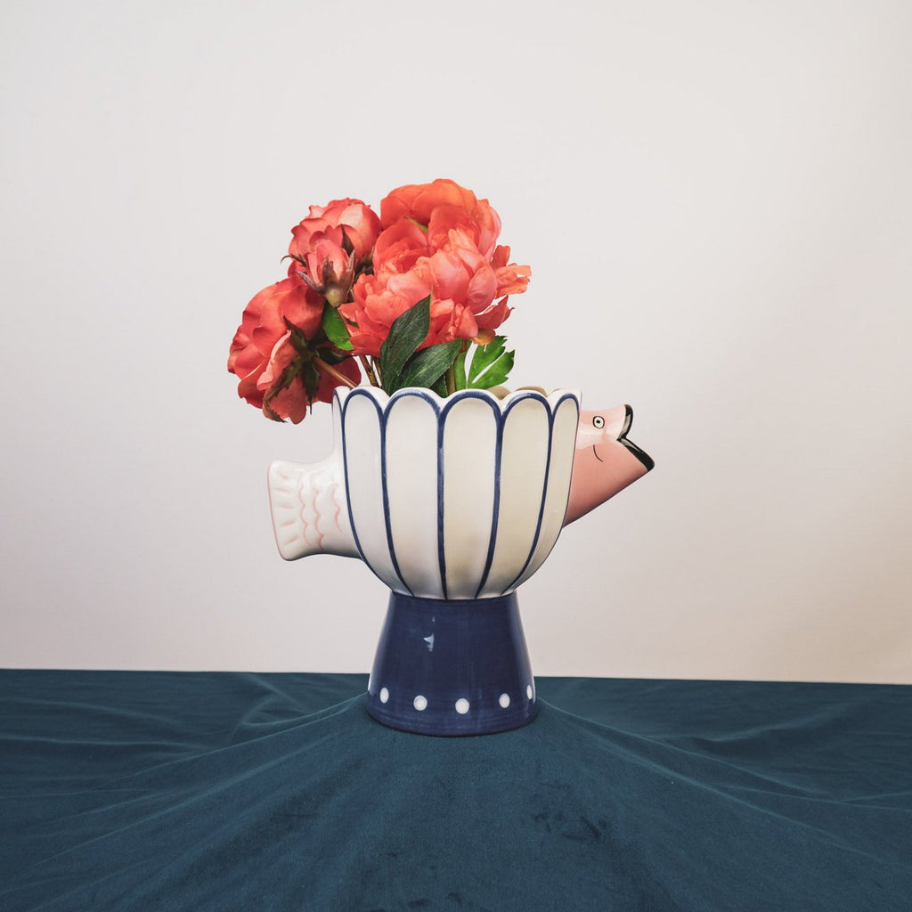 Vaas - visdolomiet - Blauw/Wit/Roze - 21x13,5x18cm Keramiek