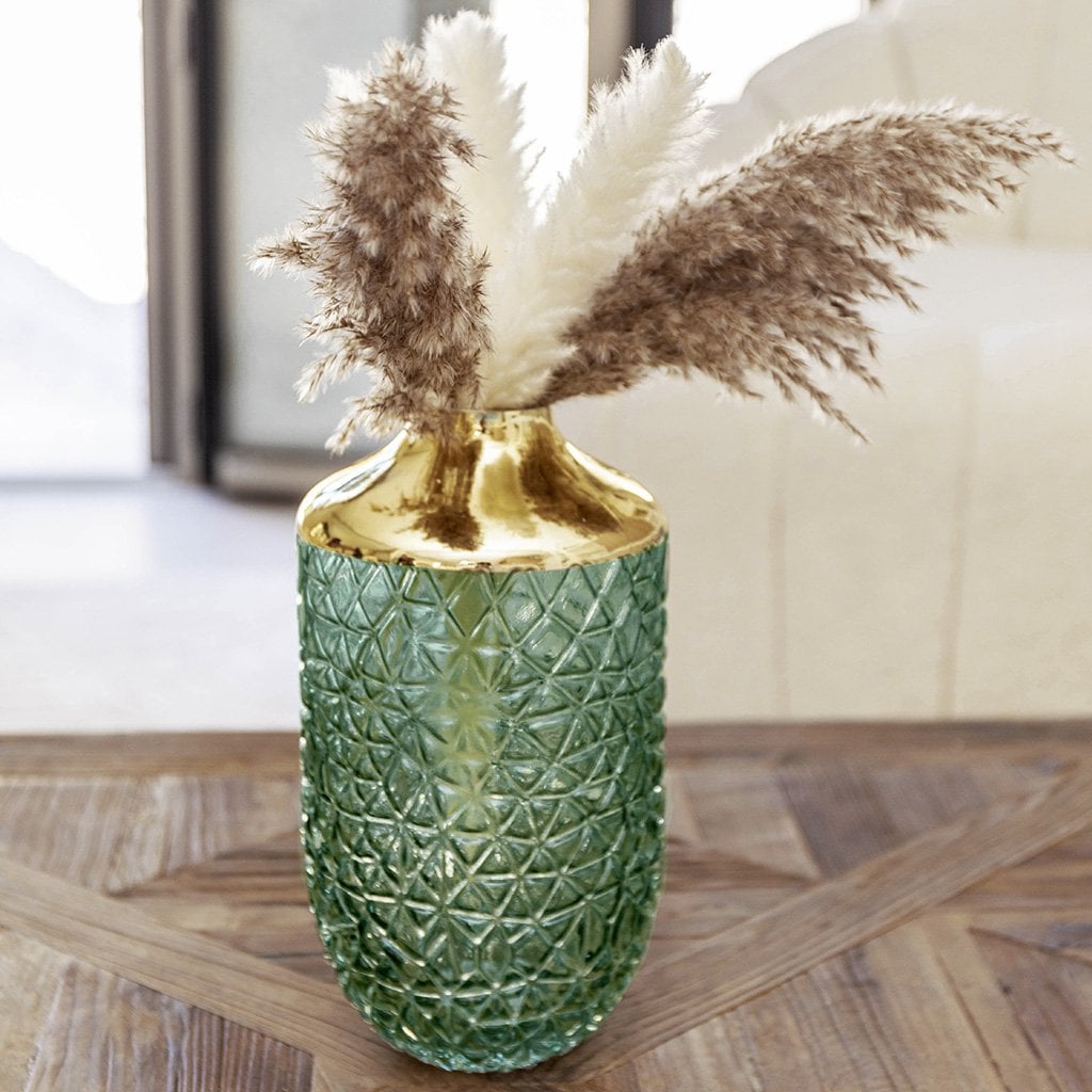 Groene vaas met gouden rand 16x29cm