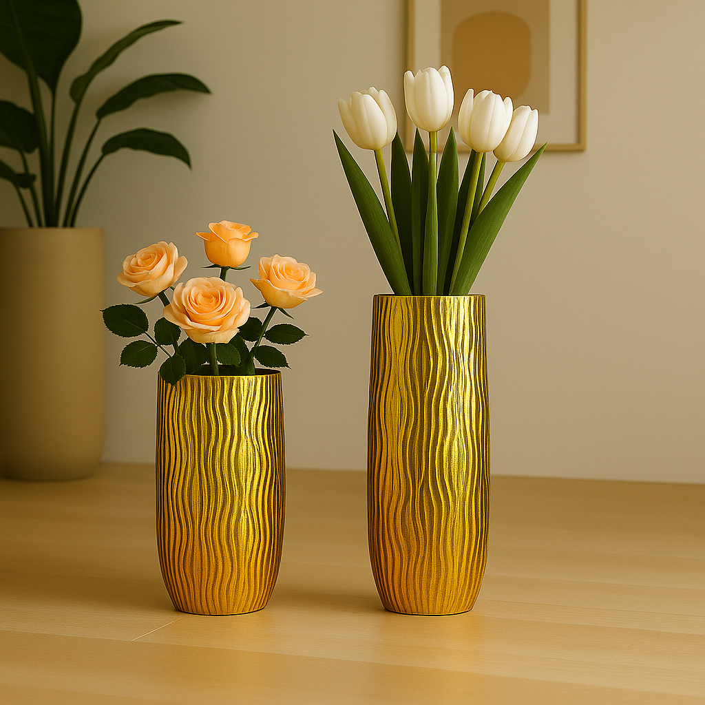 Gouden gestreepte polyresine vaas 33,5x33,5x70cm