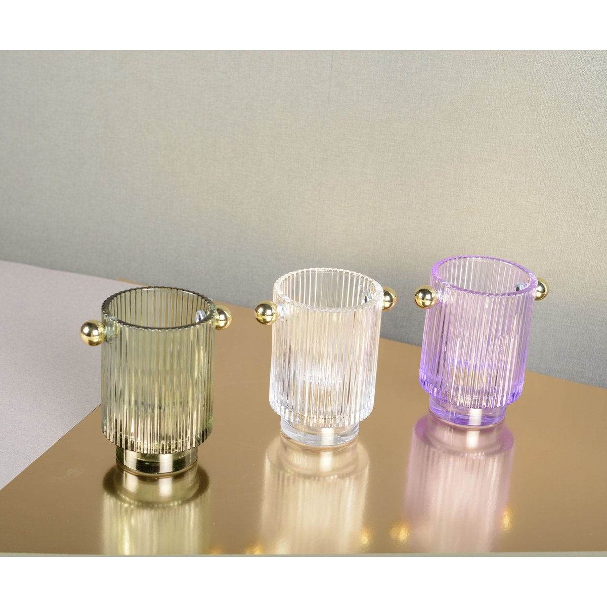 Set van 3 glazen kandelaars - 8,8x12,5x13cm - wit/paars/groen