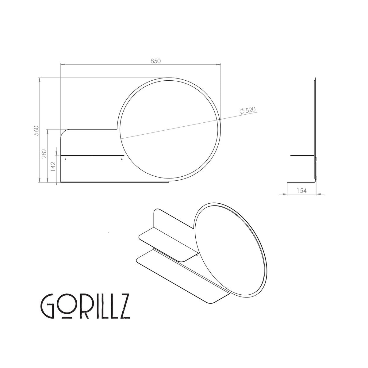 Gorillz Clever wandspiegel met opbergplanken - Wit Ø52cm