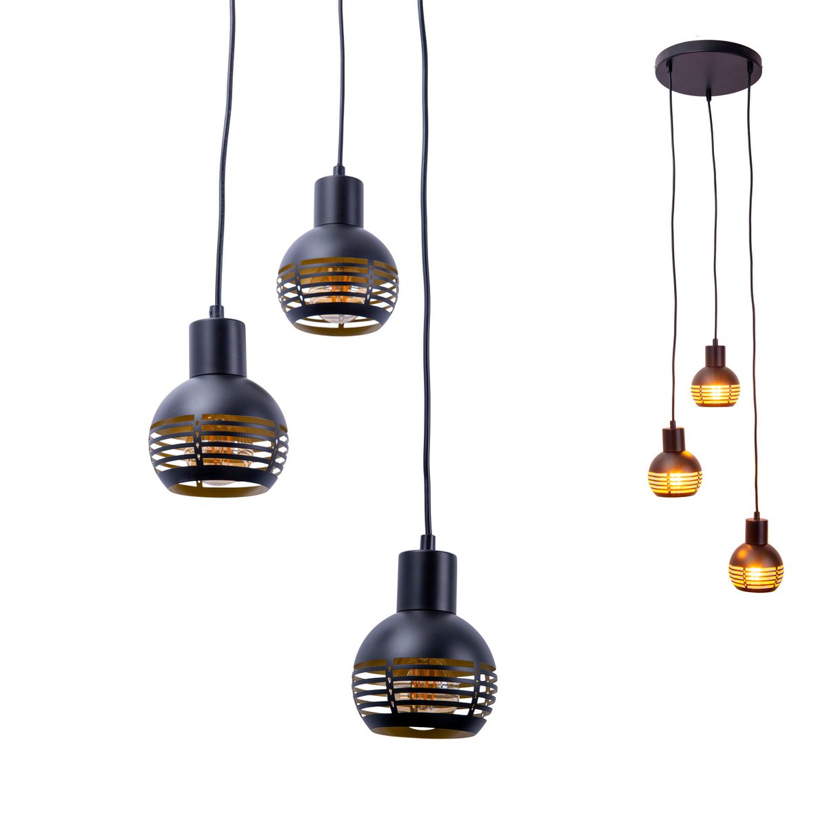 3-zits hanglamp "Casco" hangende lamp gemaakt van metaal in zwart en goud, met E27-versies. Stijlvolle verlichting voor woonkamer, eetkamer of keuken.